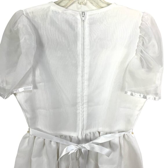 Girls White Organdy Formal Dress 8 Pearl Trim Rosette Detail Wedding Communion - Picture 7 of 12